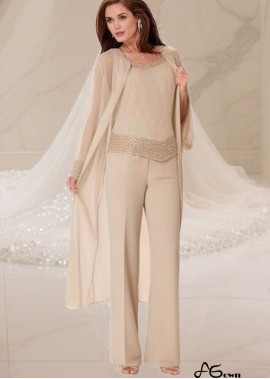 Elegant Champagne Chiffon Mother of the Bride Pantsuits with Scoop Neck and Illusion Sleeves