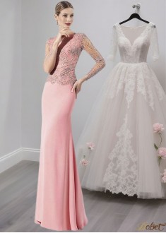 Lace Chiffon Bateau Neck Full Length Mother of the Bride Dress with Illusion Sleeves