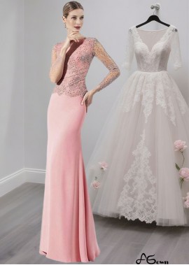 Lace Chiffon Bateau Neck Full Length Mother of the Bride Dress with Illusion Sleeves