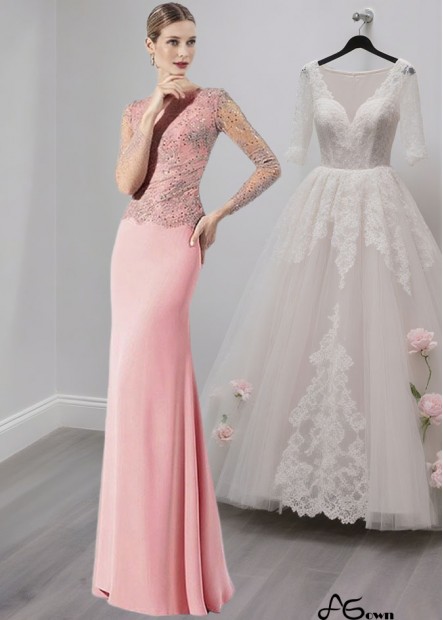 Lace Chiffon Bateau Neck Full Length Mother of the Bride Dress with Illusion Sleeves