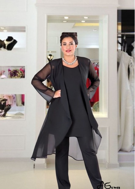 Elegant Black Three-Piece Chiffon Mother of the Bride Pantsuit with Scoop Neck Jacket