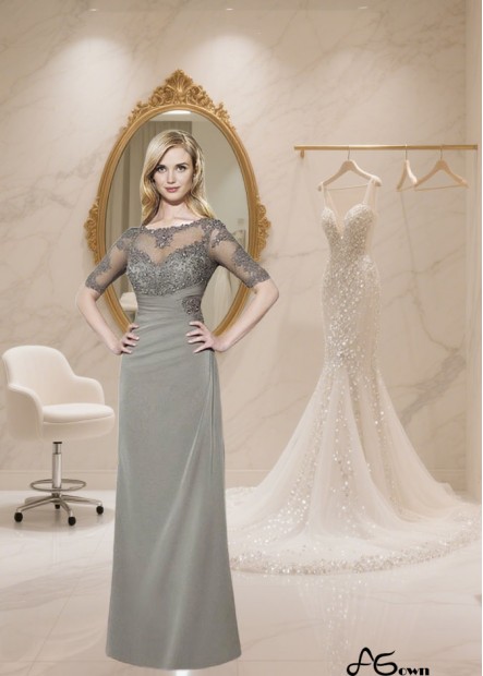 Full Length Chiffon Mother of the Bride Dress with Illusion Sleeves and Bateau Neckline