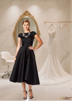 Elegant Black Satin A-Line Tea-Length Formal Dress with Bateau Neckline