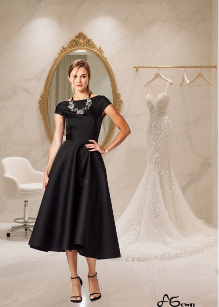 Elegant Black Satin A-Line Tea-Length Formal Dress with Bateau Neckline