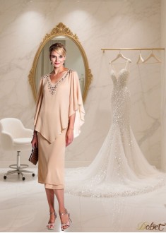 V-Neck Chiffon Tea-Length Mother of the Bride Dress — Sheath Formal Dress