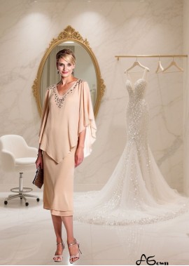 V-Neck Chiffon Tea-Length Mother of the Bride Dress — Sheath Formal Dress