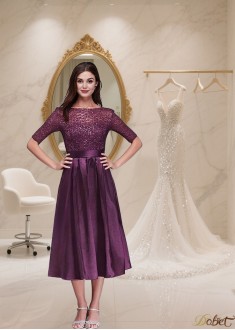Tea-Length A-Line Mother of the Bride Dress with Bateau Neck and Lace Taffeta Fabric