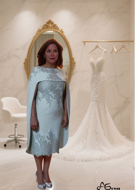 White Satin Bateau Neck Tea-Length Mother of the Bride Dress with Cap Sleeves