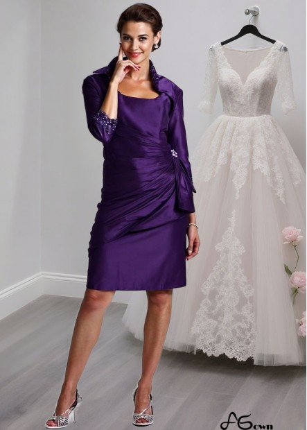 Purple Taffeta Tea-Length Mother of the Bride Dress with Square Neck and Jacket Sleeves