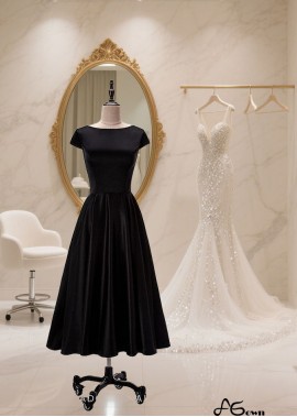 Elegant Black Satin Tea-Length A-Line Dress with Bateau Neckline and Cap Sleeves