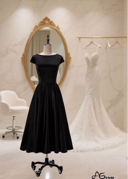 Elegant Black Satin Tea-Length A-Line Dress with Bateau Neckline and Cap Sleeves