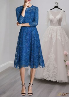 Blue Lace Tea-Length A-Line Mother of the Bride Dress with Illusion Sleeves