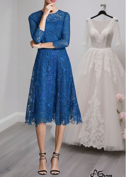 Blue Lace Tea-Length A-Line Mother of the Bride Dress with Illusion Sleeves