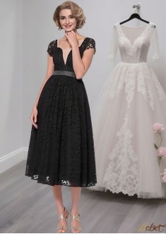 Elegant Black Lace A-Line Tea-Length Dress with Cap Sleeves