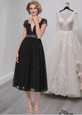Elegant Black Lace A-Line Tea-Length Dress with Cap Sleeves