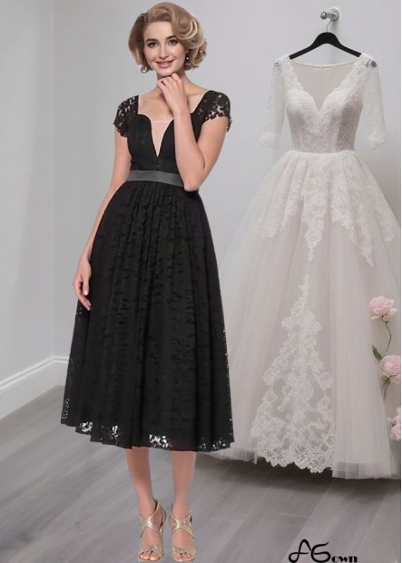 Elegant Black Lace A-Line Tea-Length Dress with Cap Sleeves