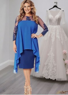 Blue Jewel Neck Tea-Length Mother of the Bride Dress With Long Sleeves