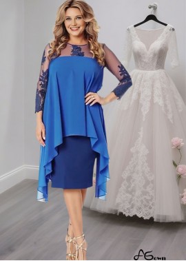 Blue Jewel Neck Tea-Length Mother of the Bride Dress With Long Sleeves