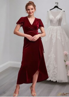 Velvet V-Neck Tea-Length Sheath Mother of the Bride Dress – Elegant Occasion Wear