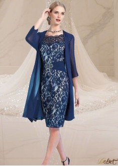 Elegant Blue Lace Chiffon Mother of the Bride Dress with Jacket – Knee Length