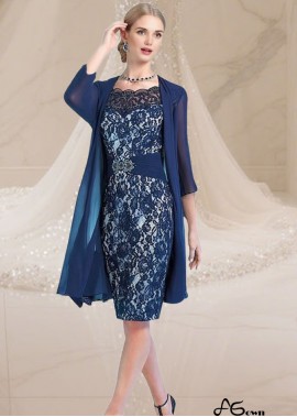 Elegant Blue Lace Chiffon Mother of the Bride Dress with Jacket – Knee Length