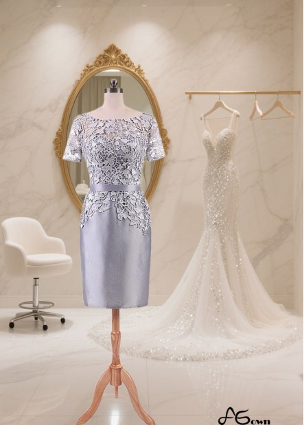 Elegant Short Lace Taffeta Dress with Bateau Neckline and Illusion Sleeves
