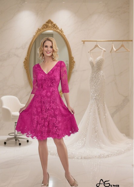 Elegant Knee-Length Lace A-Line V-Neck Mother of the Bride Dress with Illusion Sleeves