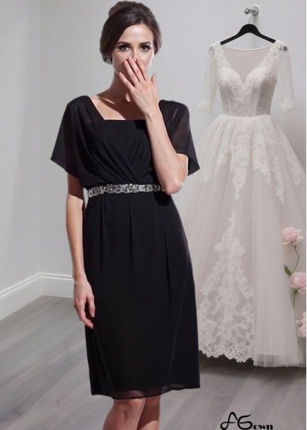 Black Chiffon Square Neck Knee-Length Mother of the Bride Dress – Sheath Style