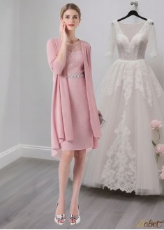 Elegant Pink Lace Scoop Neck Knee-Length Mother of the Bride Dress