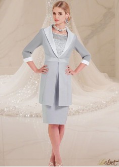 Elegant Silver Satin Knee-Length Mother of the Bride Jacket Dress
