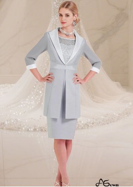 Elegant Silver Satin Knee-Length Mother of the Bride Jacket Dress