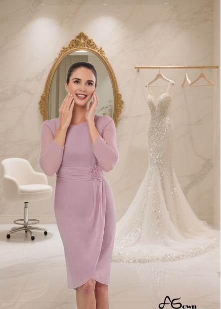 Elegant Pink Chiffon Jewel Neck Knee-Length Mother of the Bride Dress with Illusion Sleeves