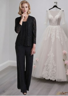 Black Lace Chiffon Mother of the Bride Pantsuit with Scoop Neck and Jacket