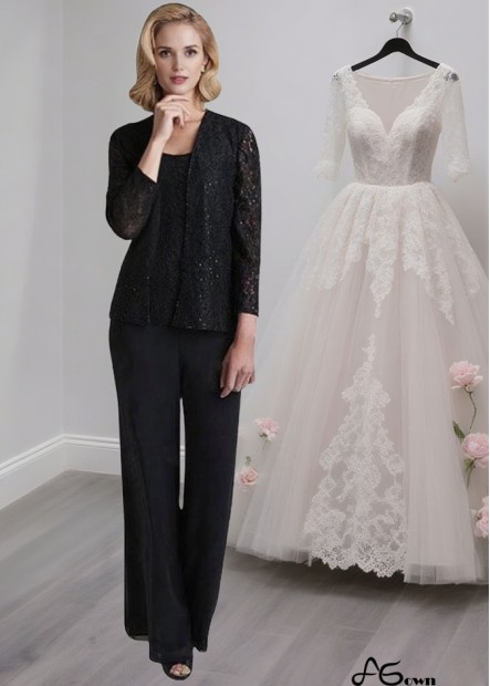 Black Lace Chiffon Mother of the Bride Pantsuit with Scoop Neck and Jacket
