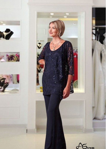 Elegant Lace Chiffon Scoop Neck Mother of the Bride Pantsuit