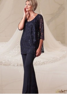 Elegant Lace Chiffon Scoop Neck Mother of the Bride Pantsuit