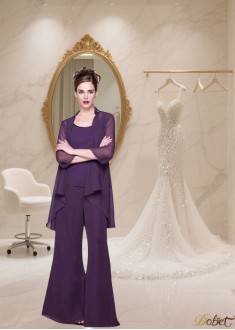 Chiffon Scoop Neck Full-Length Mother of the Bride Pantsuit with Jacket