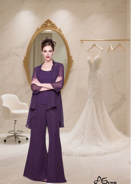 Chiffon Scoop Neck Full-Length Mother of the Bride Pantsuit with Jacket