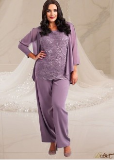 Elegant Three-Piece Chiffon Lace Mother of the Bride Pantsuit with Jacket