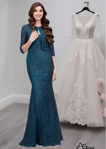 Blue Lace Mother of the Bride Dress with Jacket – Full Length Sheath Gown with Jewel Neckline