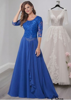 Blue Scoop Neck Chiffon A-Line Mother of the Bride Dress with Half Sleeves