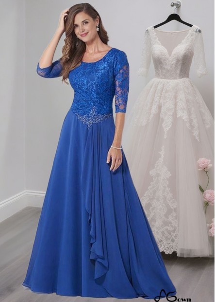 Blue Scoop Neck Chiffon A-Line Mother of the Bride Dress with Half Sleeves