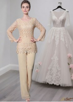 Jewel Neck Lace Chiffon Mother of the Bride Pantsuits with Long Sleeves