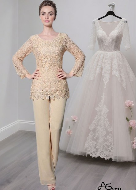 Jewel Neck Lace Chiffon Mother of the Bride Pantsuits with Long Sleeves