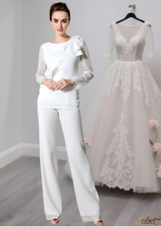 White Chiffon Jewel Neck Long Sleeves Full Length Mother of the Bride Suits