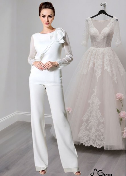 White Chiffon Jewel Neck Illusion Sleeve Full Length Mother of the Bride Dress
