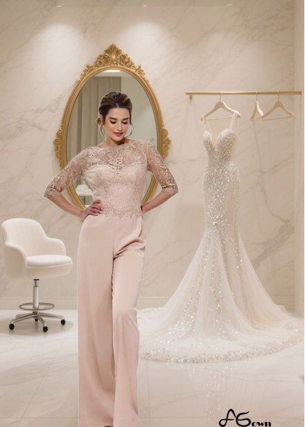 Lace Half Sleeve Formal Pantsuit – Full Length Mother of the Bride Outfit