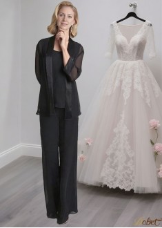 Black Three-Piece Mother of the Bride Pantsuits with Sleeves