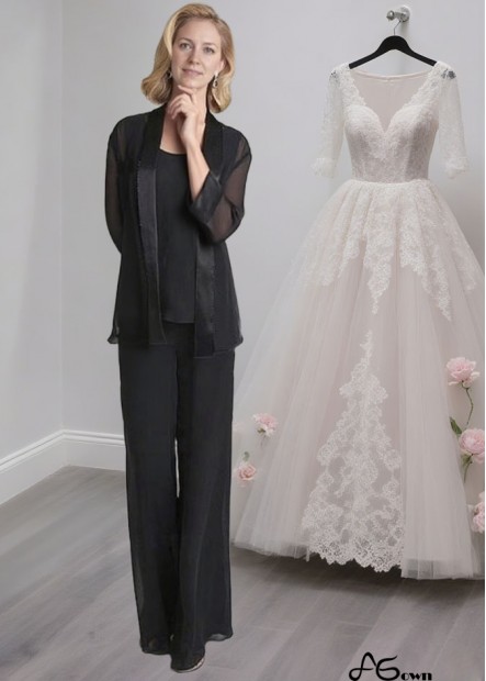 Black Three-Piece Mother of the Bride Pantsuits with Sleeves