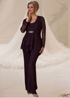 Elegant Chiffon Lace Scoop Neck Illusion Sleeve Mother of the Bride Pantsuit